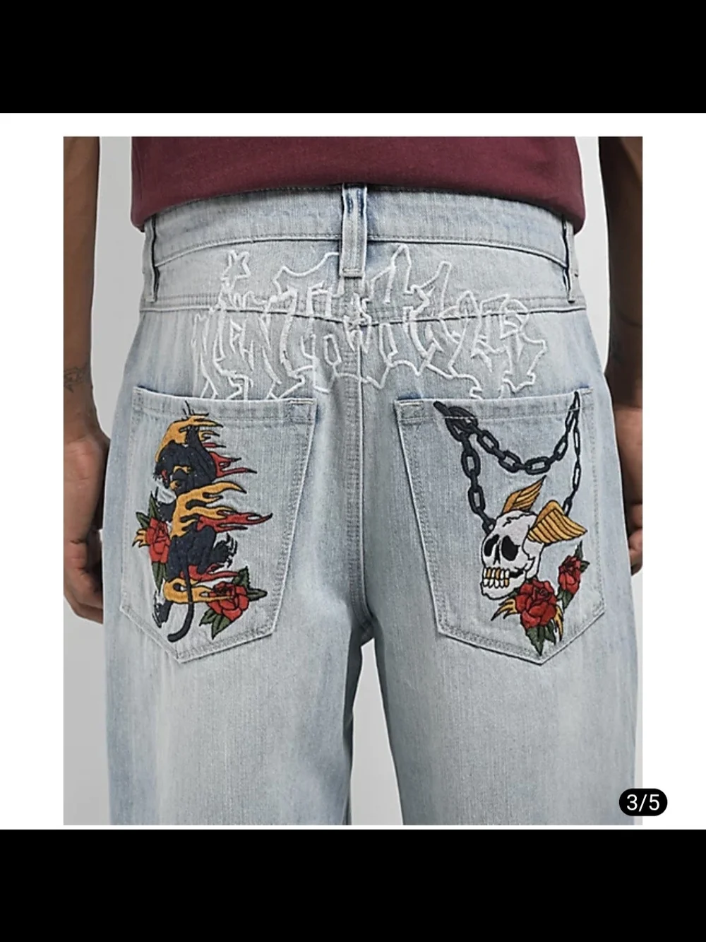Light Blue Wash Loose Fit Men's Jeans with Embroidered Back Pockets
